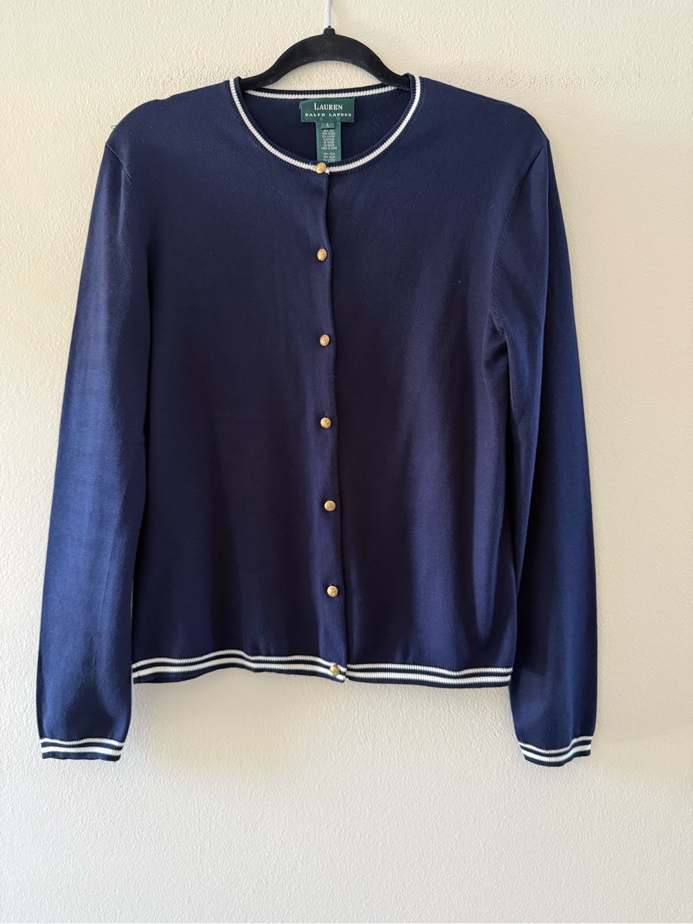 Lauren Ralph Lauren Classic Navy Silk Cardigan with Embossed Gold Buttons